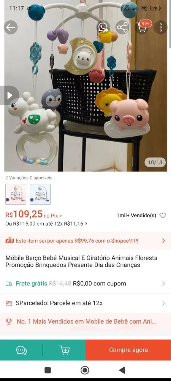 MÓBILE BERÇO BEBÊ MUSICAL E GIRATÓRIO - ANIMAIS DA FLORESTA