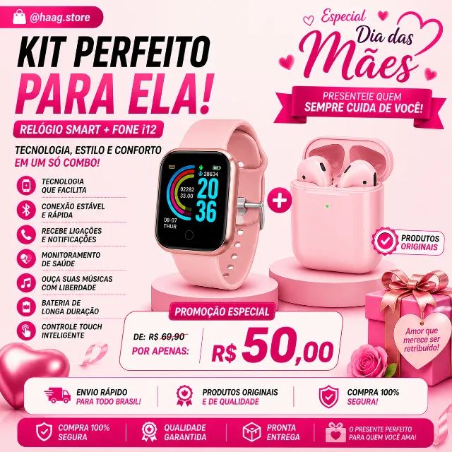 SUPERPROMOÇÃO IMPERDÍVEL/O SMARTWATCH +O FONE DO MOMENTO SÓ 50$ na cor rosa na @haag.store