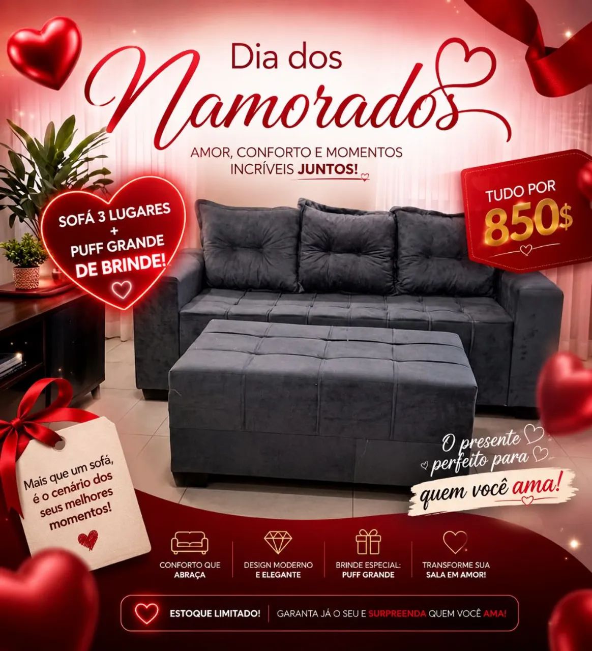 Promoção dia dos namorados ? sofá 3 lugares com puff de brinde pronta entrega 