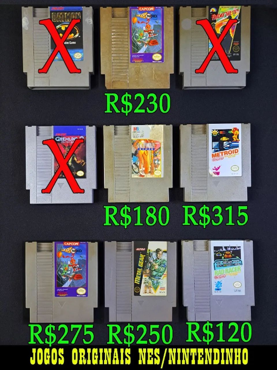 Jogos NES Originais Nintendo. Metroid, Metal Gear, Yo Noid, 