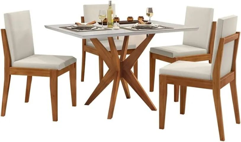 Mesa Retangular com Tampo de Vidro Off White - 4 Lugares