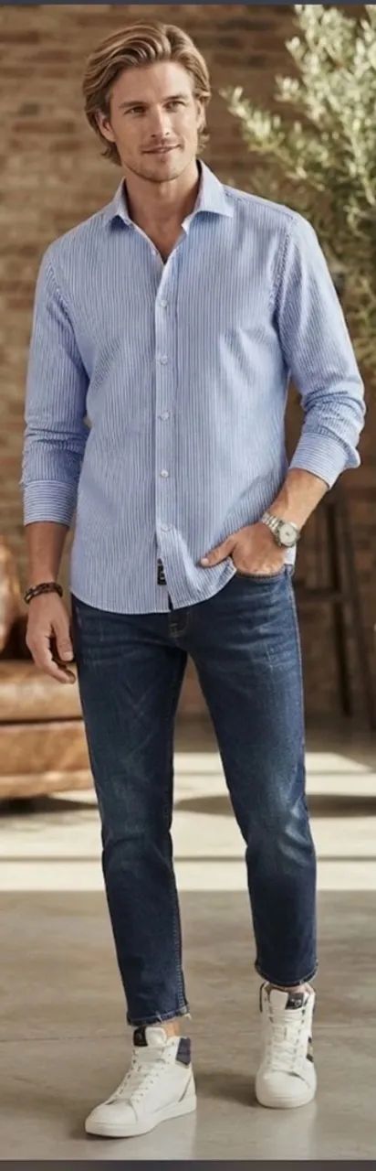camisa azul listrada 100% algodão - Foto 3