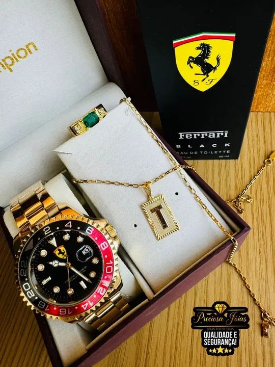 Kit relógio masculino top cordão com medalha de letra e anel e perfume  - Foto 5