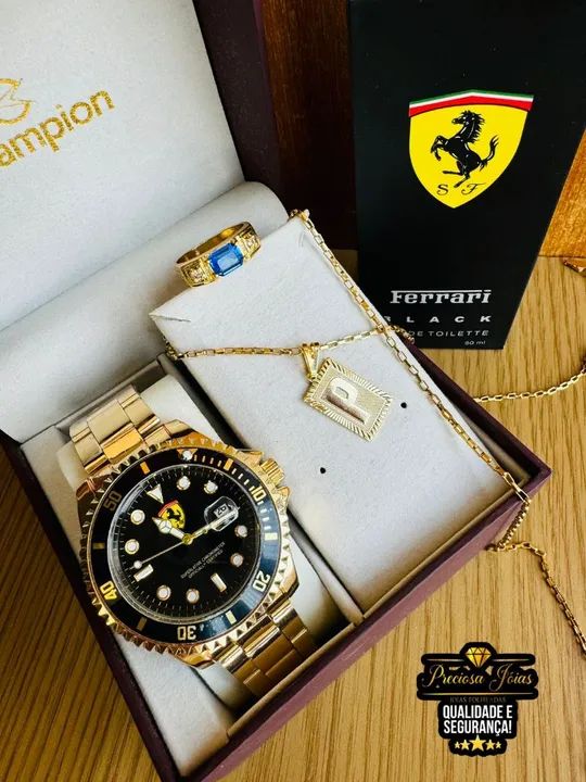 Kit relógio masculino top cordão com medalha de letra e anel e perfume  - Foto 3