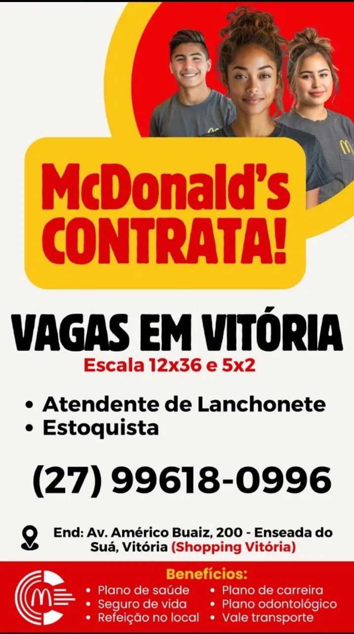 MC Donald's contrata atendente de Lanchonete e estoquista.