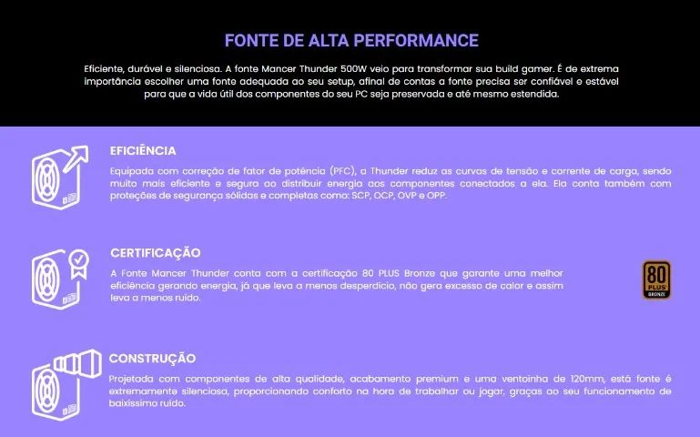 Fonte 500W Thunder - 80 Plus Bronze PFC Ativo - Foto 3
