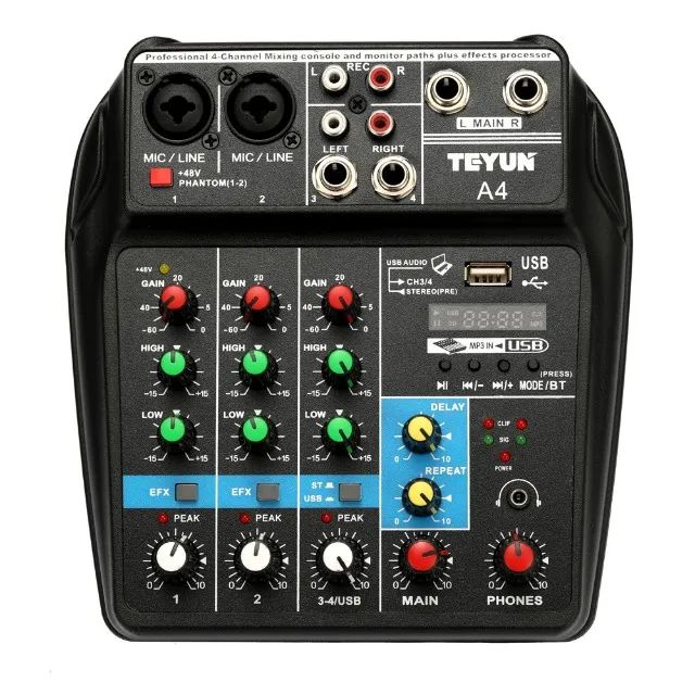 Mesa de Som Bluetooth Interface de Áudio 4 Canais Phantom Power 48v Karaokê Efeitos