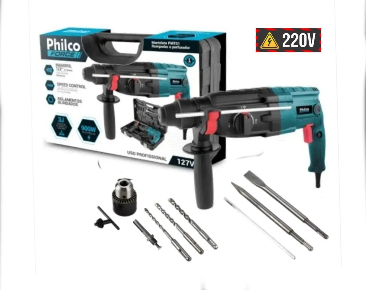Martelete Profissional Rompedor-Perfurador 900W-220V C/ Maleta e acessórios 