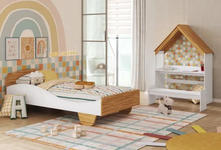 Cama Infantil Sol Solteiro com Casinha, 100% MDF - Peroba