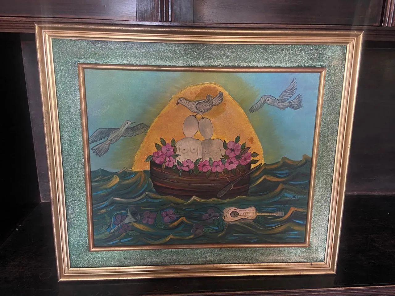 Quadro Romântico com Barco e Pássaros