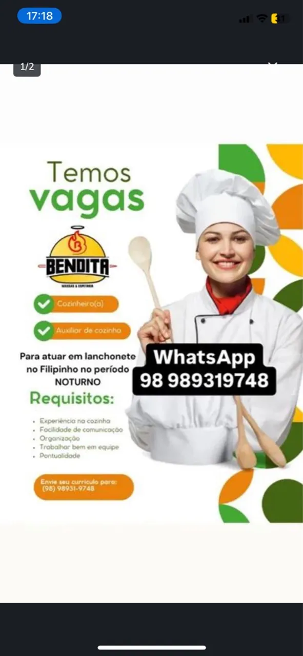 Vaga cozinheiro ou cozinheira 