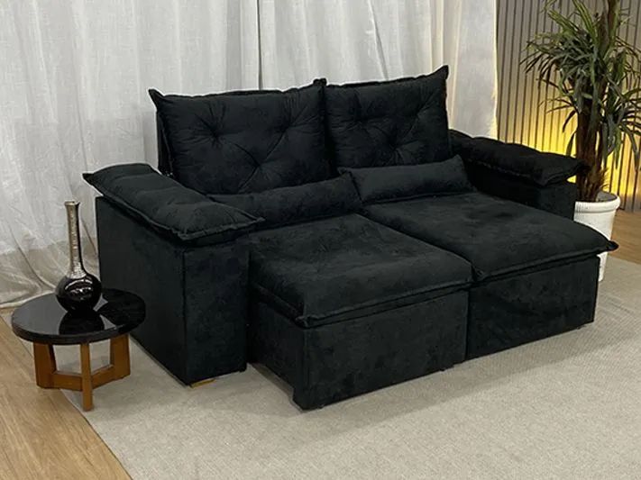 Sofá Retrátil 2 Lugares 200cm Veludinho Preto