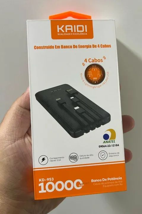 Banco de Energia Kaidi 10000 mAh com 4 Cabos