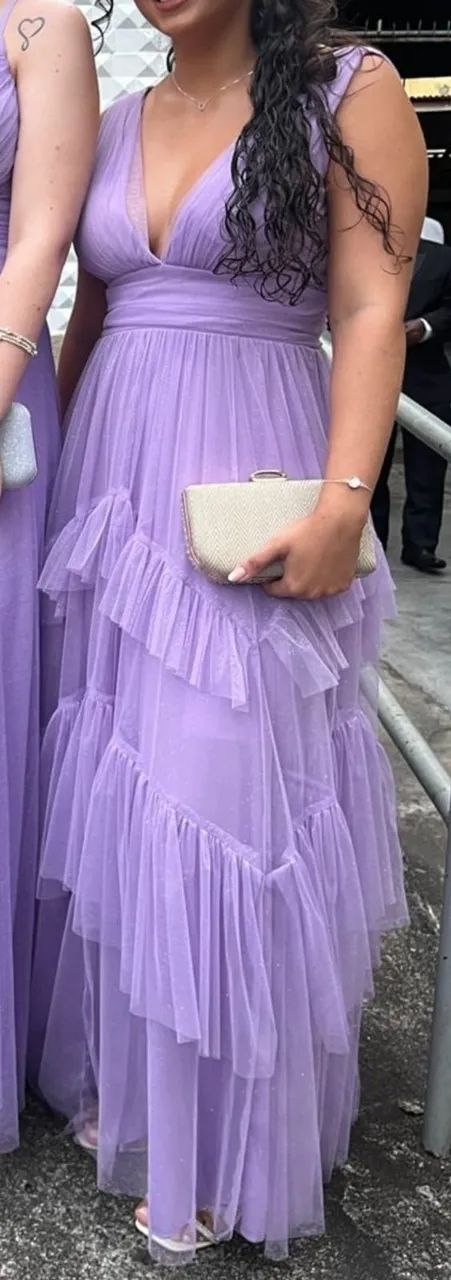 vestido longo lavanda com brilho