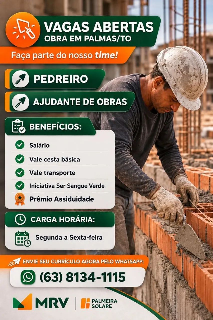 Vaga de emprego para pedreiro e ajudante