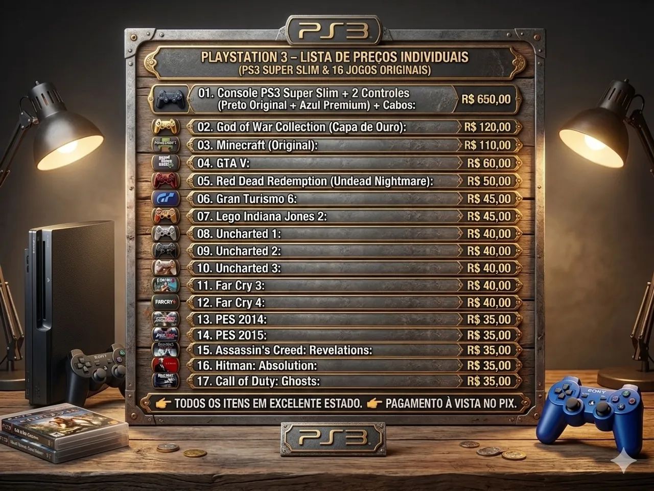 PS3 Super Slim Perfeito + 2 Controles Original e Azul