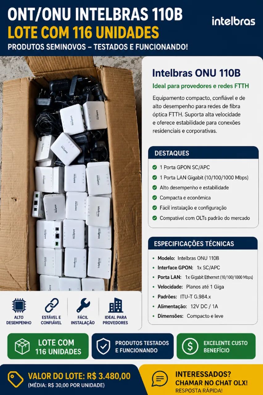 Lote com 106 ONUs Intelbras 110B GPON | Testadas | Funcionando | Ideal para Provedores