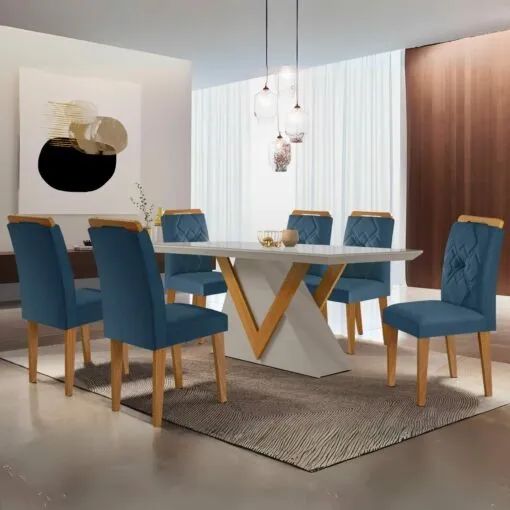 Mesa de Jantar Retangular com Tampo de Vidro e 8 Cadeiras Azul 