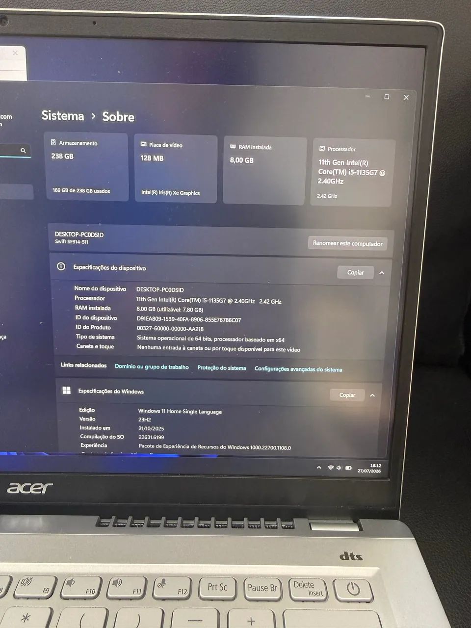 Notebook Acer Swift 3 I5 11th ger SSD NVME