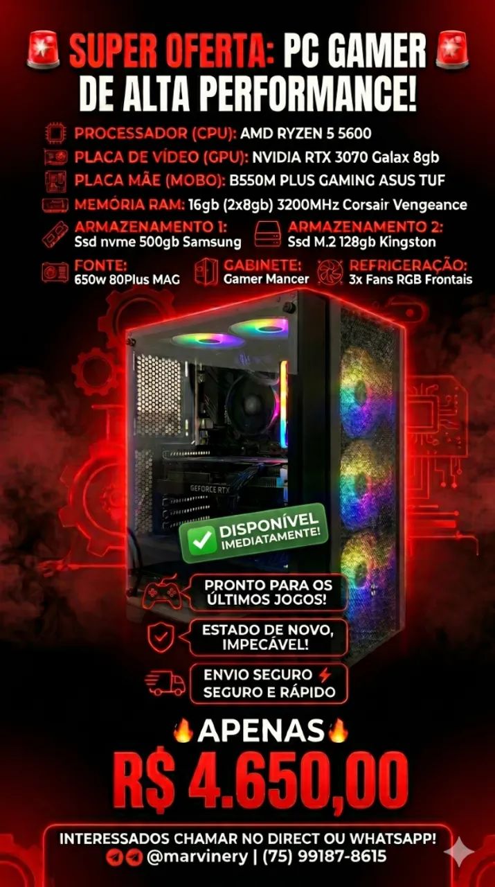 PC Gamer Ryzen 5 5600 | RTX 3070 8GB | 16GB RAM | SSD NVMe