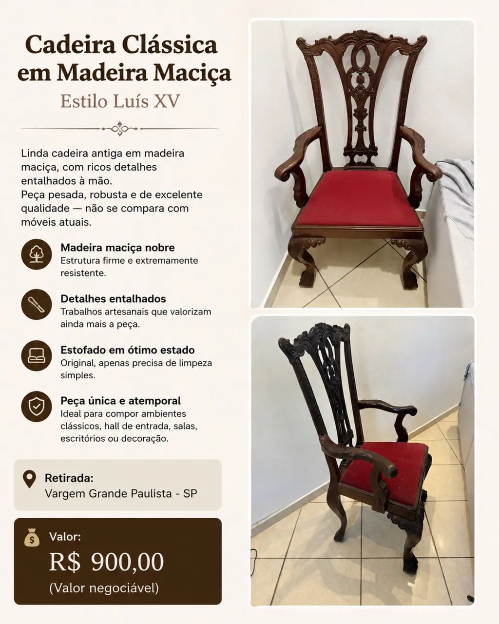 Cadeira antiga em madeira maciça entalhada - estilo clássico