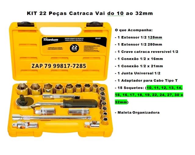 Jogo De Chaves Catraca Reversível  Sextavado 10 A 32mm 1/2pol 22pcs Titanium