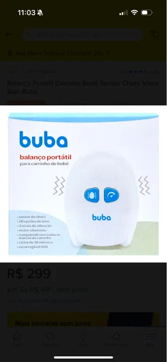 Balanço Portátil Carrinho Bebê Sensor Choro Vibra Som Buba