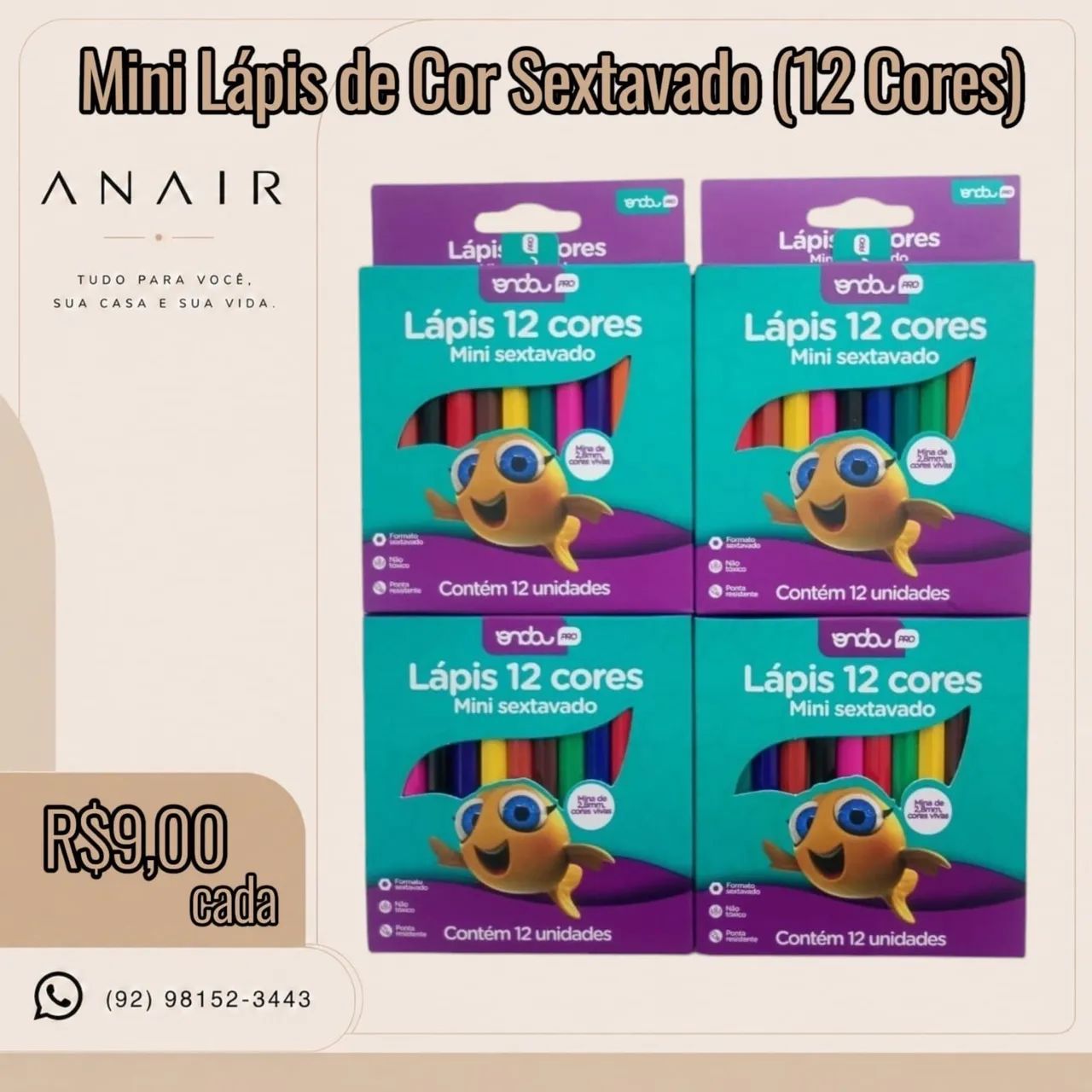 Mini Lápis de Cor Sextavado (12 Cores)
