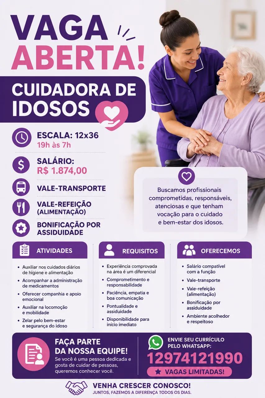 Vaga de cuidadora casa de repouso
