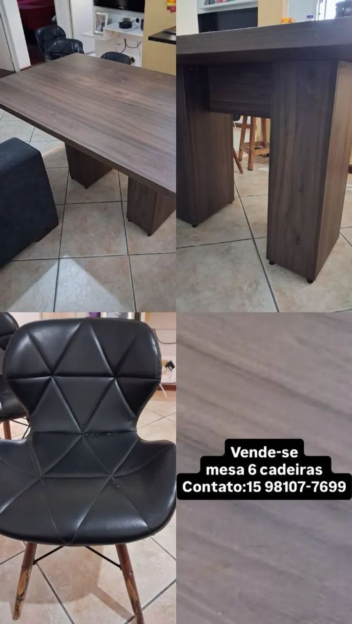 Mesa madeira 6 lugares cadeiras pé palito