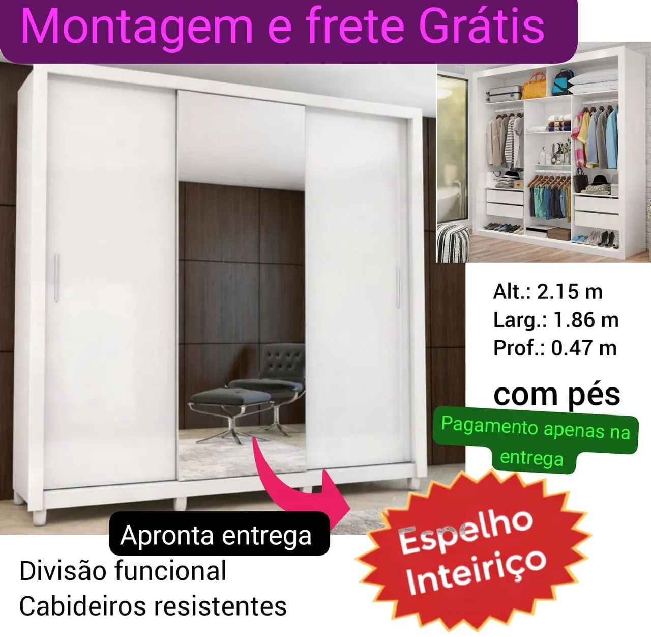 Guarda roupa completo espelhos MONTAGEM GRÁTIS  - Foto 3