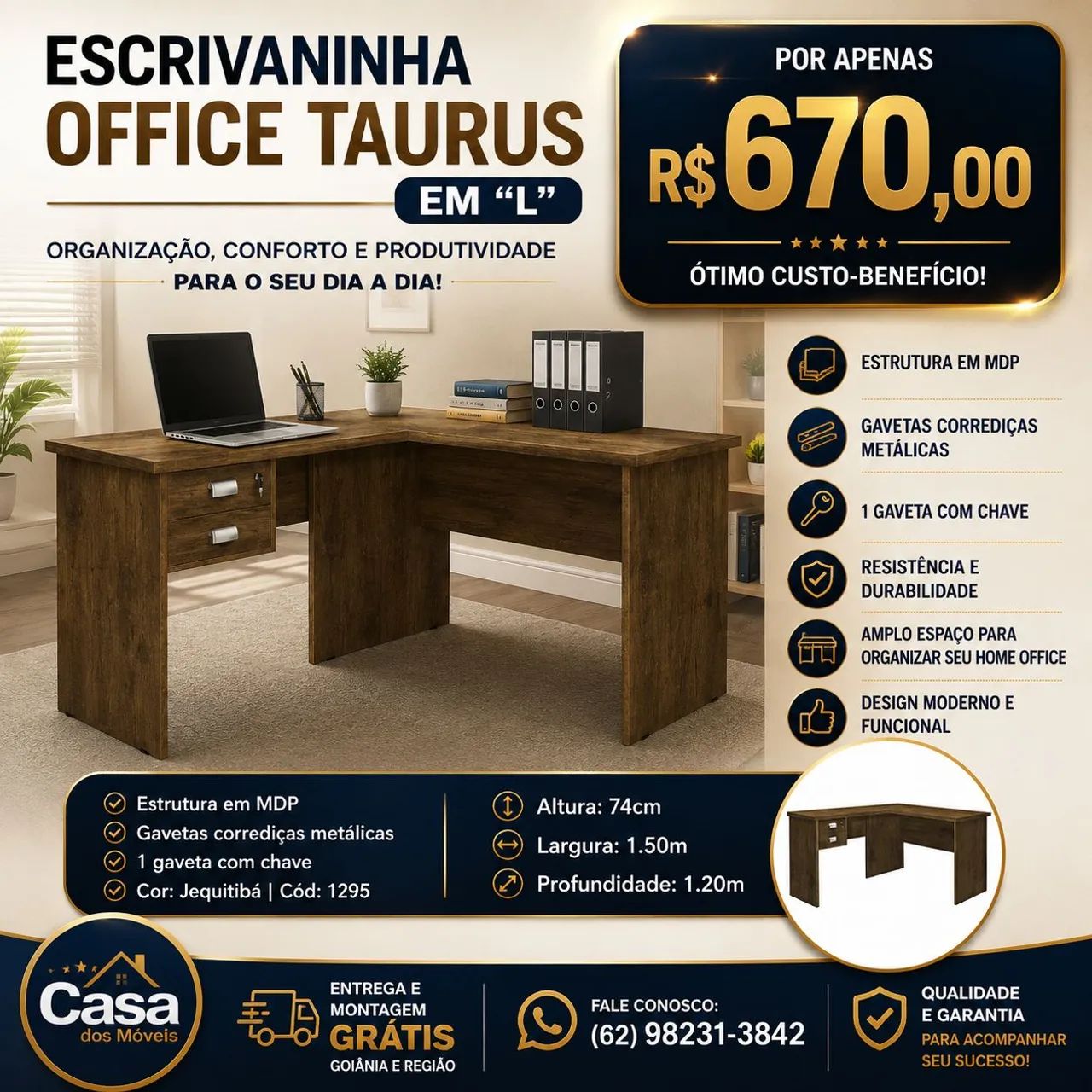 Escrivaninha Office Taurus em 'L' - Jequitibá <br>