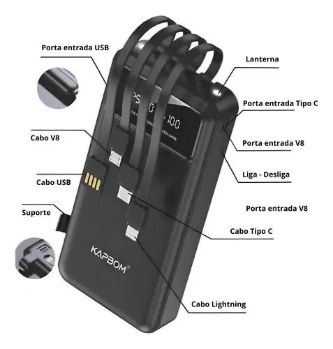 Power Bank 20.000mAh - Com Cabos Integrados | Entrega Hoje - Foto 2