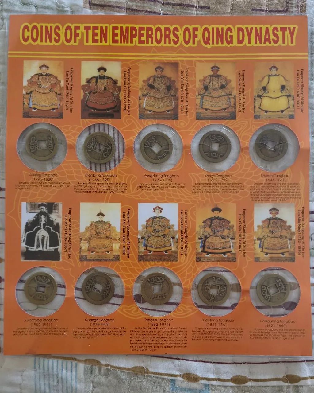 Souvenir chinês - moedas dos imperadores da Dinastia Qing