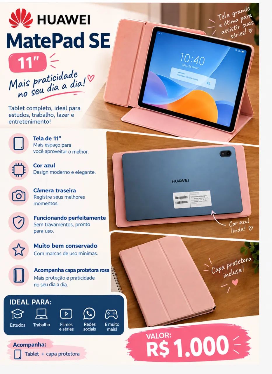 Huawei MatePad SE 11 Azul + Capa Protetora Rosa - Foto 3