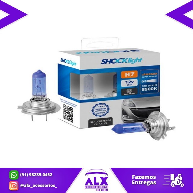 Par Lâmpadas Super Branca H7 Shocklight 55w 8500k 12v