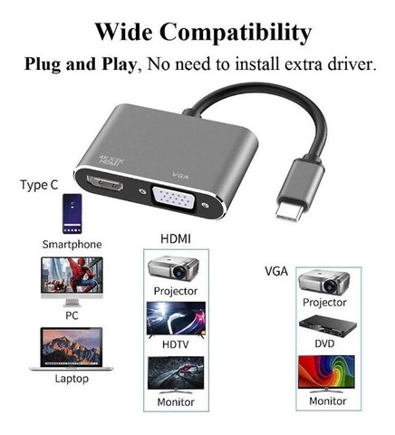 Adaptador Conversor 2x1 Usb C Type C Para Hdmi Vga Kp-ad119 - Foto 4