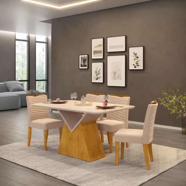 CONJUNTO DE JANTAR MESA COM TAMPO EM VIDRO E 4 CADEIRAS ACOLCHOADAS