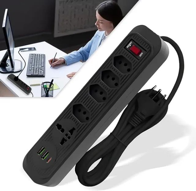 Extensão Filtro De Linha 5 Tomadas 2 Usb 1 Tipo C Universal