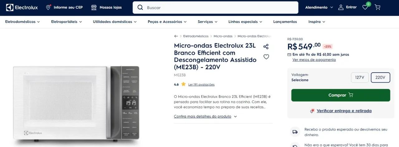 Micro-ondas Electrolux 23L Branco - 220V - Foto 2