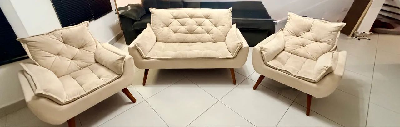 Kit Namoradeira + 2 Poltrona Suede Bege 