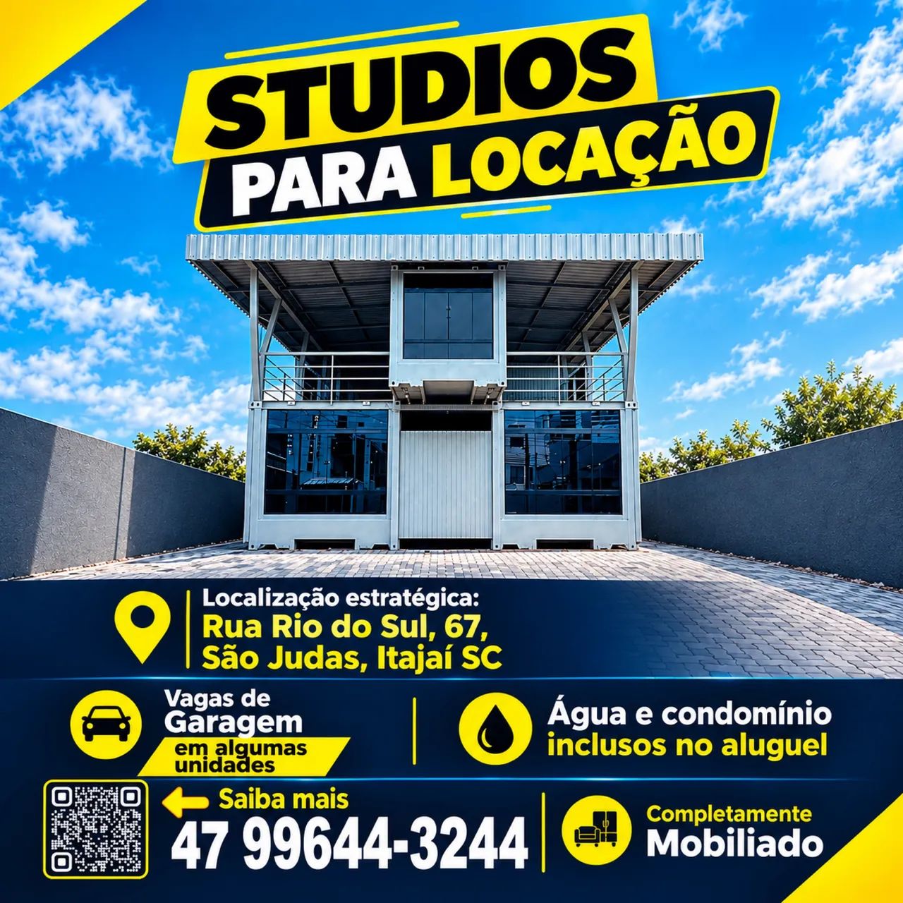 Kitnet (Studios) com mobília e eletrodomésticos.