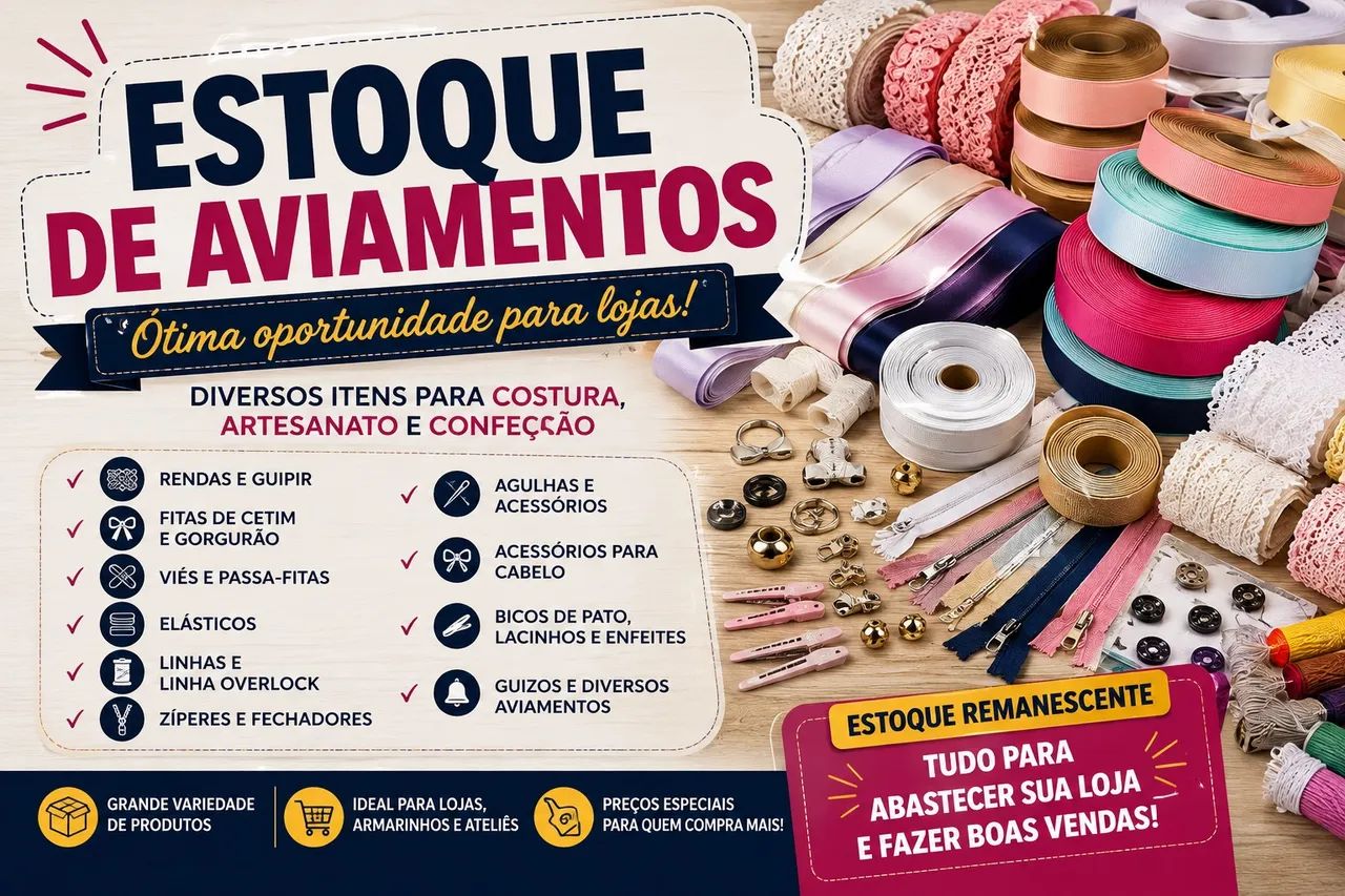 ESTOQUE DE AVIAMENTOS - Rendas, Fitas, Elásticos, Zíperes e Mais