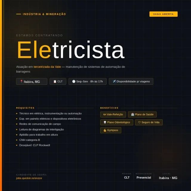 Vaga para Eletricista em Itabira/MG