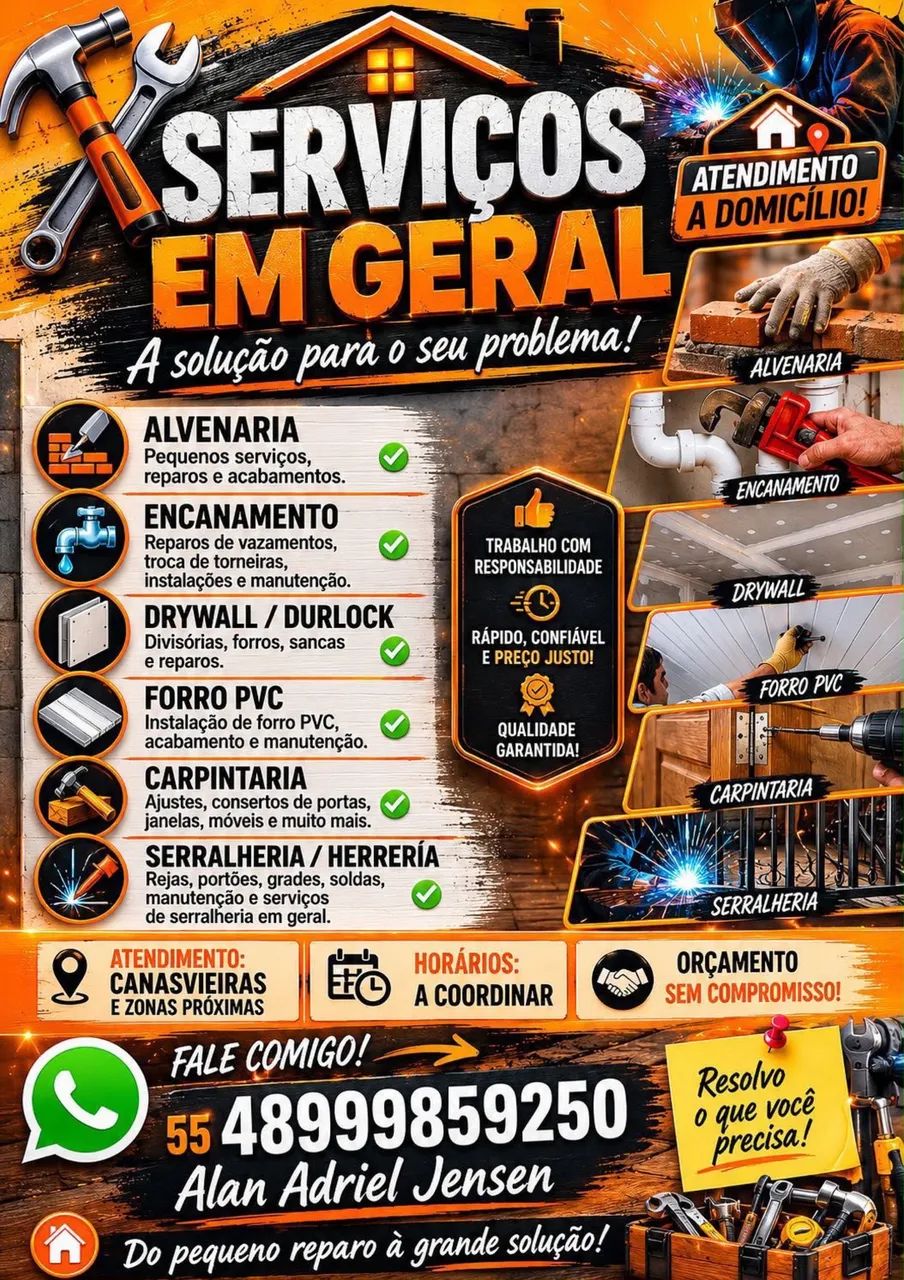 Trabalhos de todos os tipos, reformas, reparos, soldas, disponíveis a qualquer hora