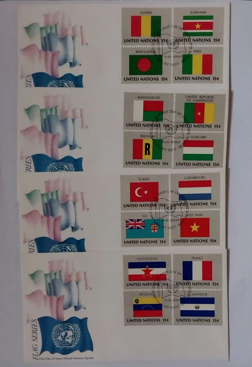 Filatélia 4  envelopes com selos bandeiras U.N 
