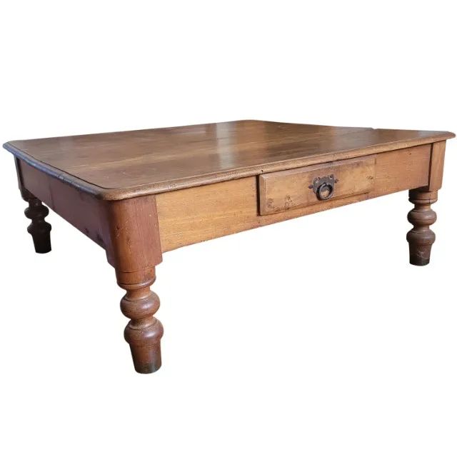 Mesa De Centro Rústica De Madeira Maciça Com Gaveta Vintage