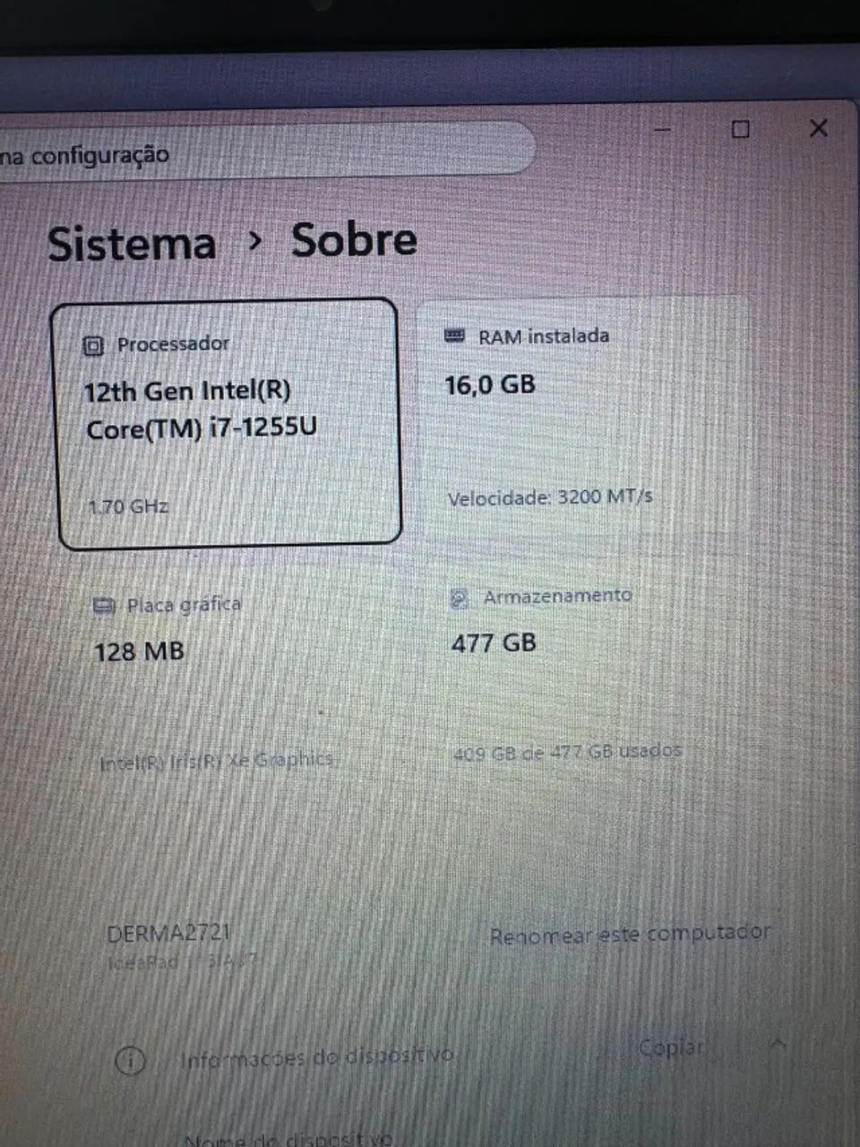 NOTEBOOK LENOVO ICORE 7/ SSD 512 / 16 RAM 