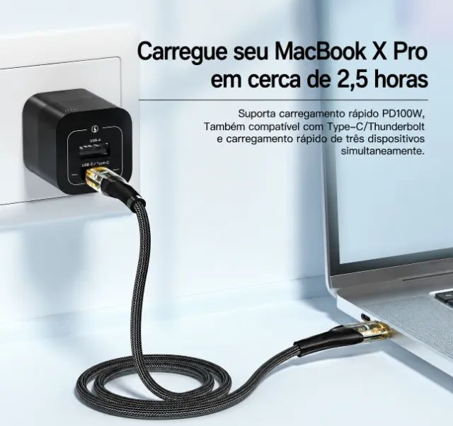 Cabo Essager USB-C para USB-C 100W 2m com LED - Novo - Foto 5