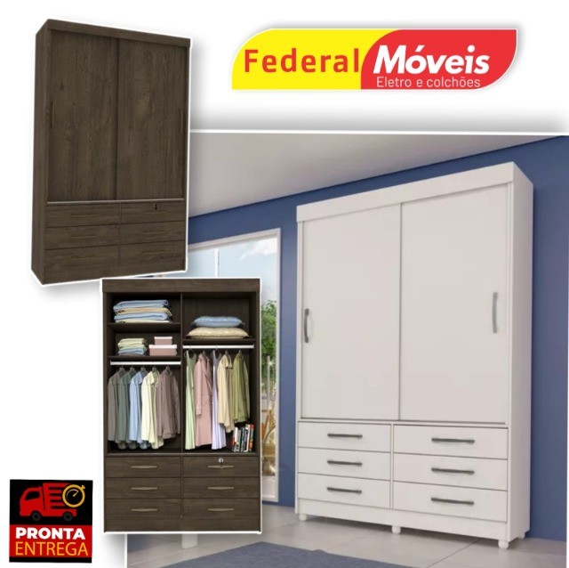 Guarda Roupas Chicago 2 Portas 6 Gavetas - Fazemos Entrega - Novo